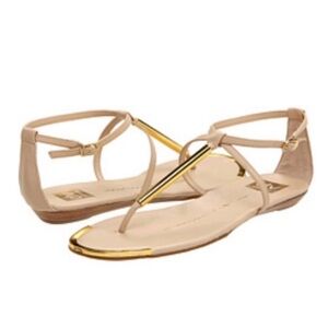 DV by Dolce Vita Beige T-Strap Sandals with Gold Trim